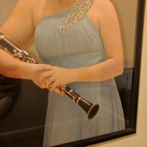 One shoulder light blue formal dress